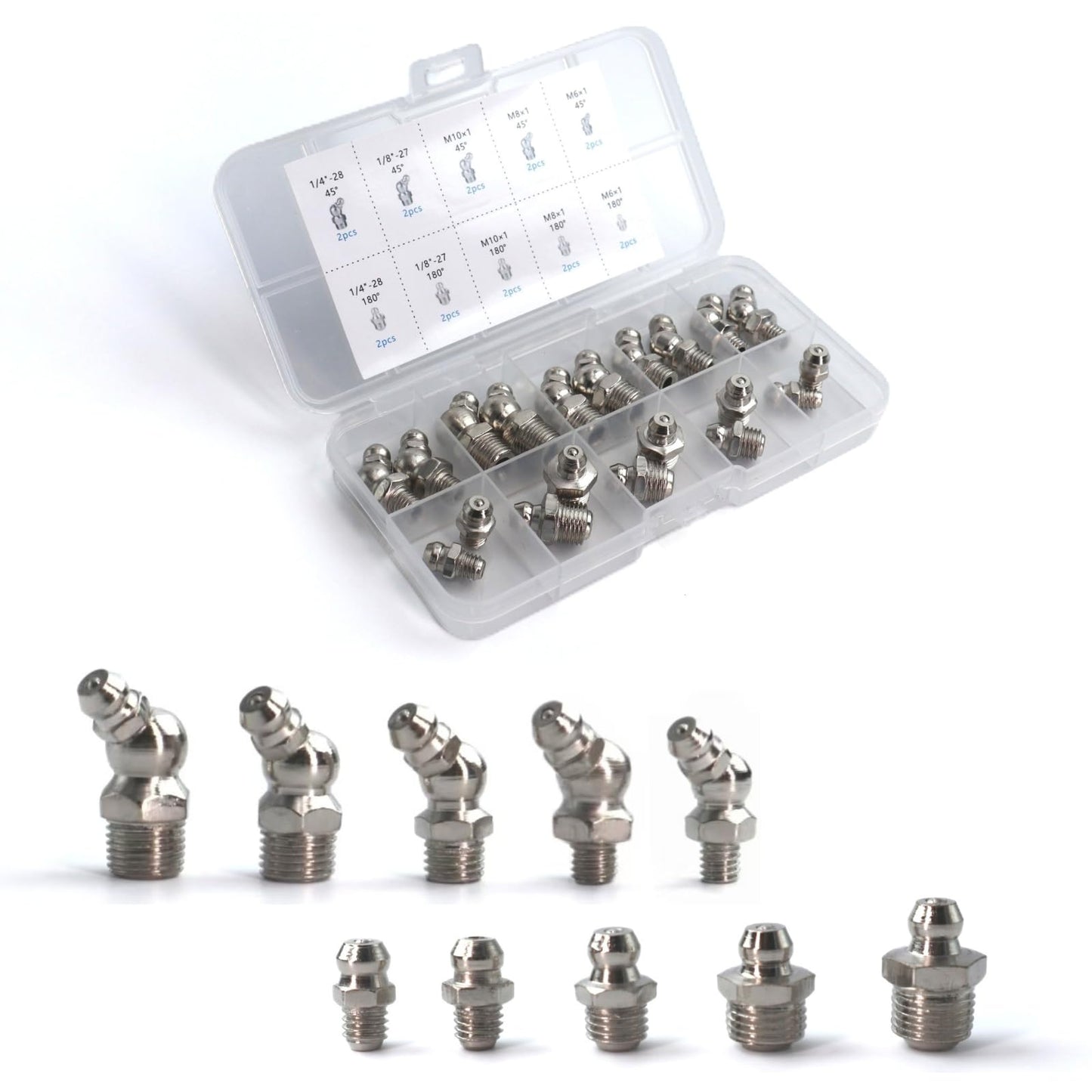 20 PCS SAE & Metric Grease Fittings Assortment, Hydraulic Grease Gun Fittings with 1/4'' 1/8'' M6 M8 M10 Straight, 45 Degree Zerks Kit for Automotive Industrial Machinery Lubrication