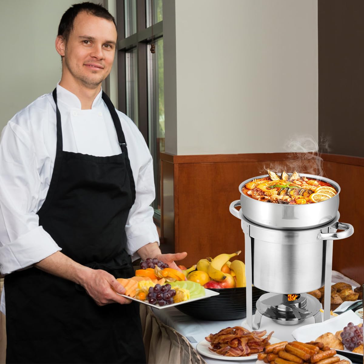 Snowtaros 7QT Soup Chafer, Stainless Steel Round Soup Warmer with Pot Lid & Fuel Holder, Commercial Soup Pot Chafing Dish for Catering, Parties, Banquets, Events, No Electricity Required (2 Pack)