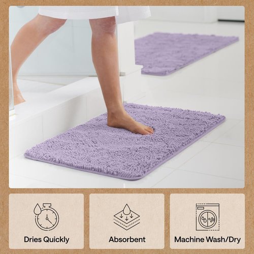 GORILLA GRIP Bath Rug Mat - 60x24 Thick Soft Absorbent Chenille | Quick-Dry Microfiber, Rubber Backing, Light Purple