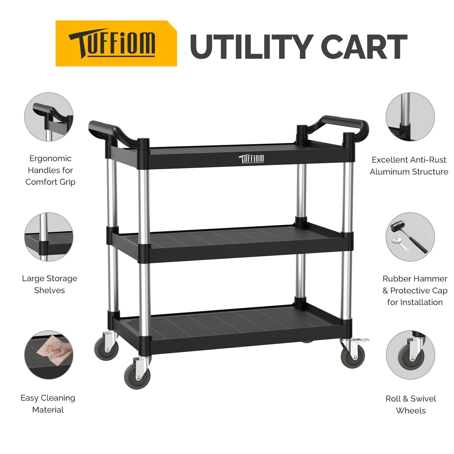 TUFFIOM Plastic Service Utility Cart with Wheels,Heavy Duty 450lbs Capacity, 3-Tier Commercial Rolling, Ideal for Restaurant, Foodservice, Office, Warehouse, Black 39.8''L x 19.1''W x 38.4''H