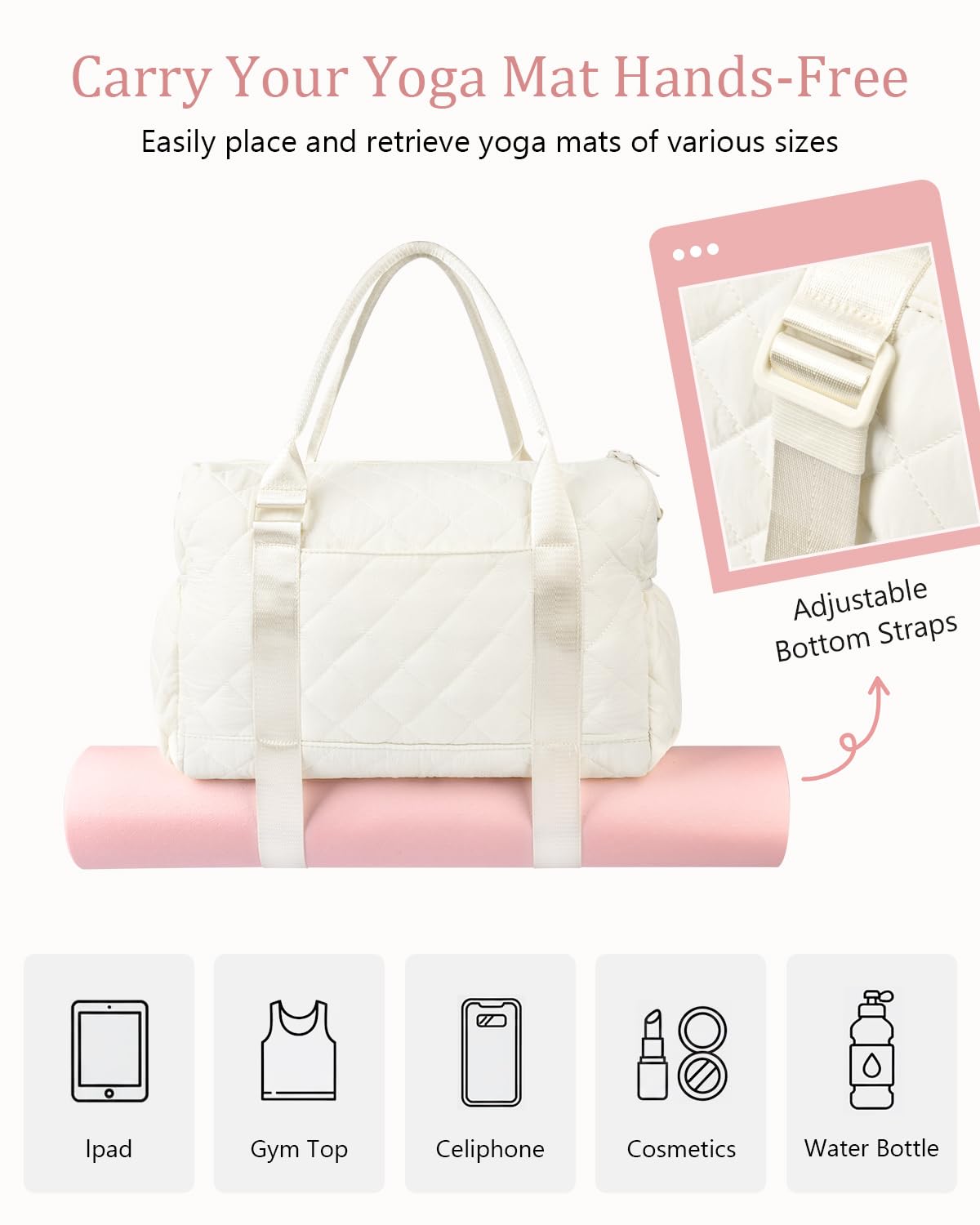 KUIRAN Gym Bag for Women with Yoga Mat Holder, Small Mini Gym Tote Bag Puffy Quilted Lightweight Sports Duffel Bag with Wet Compartment for Dance Yoga Workout Travel - Beige