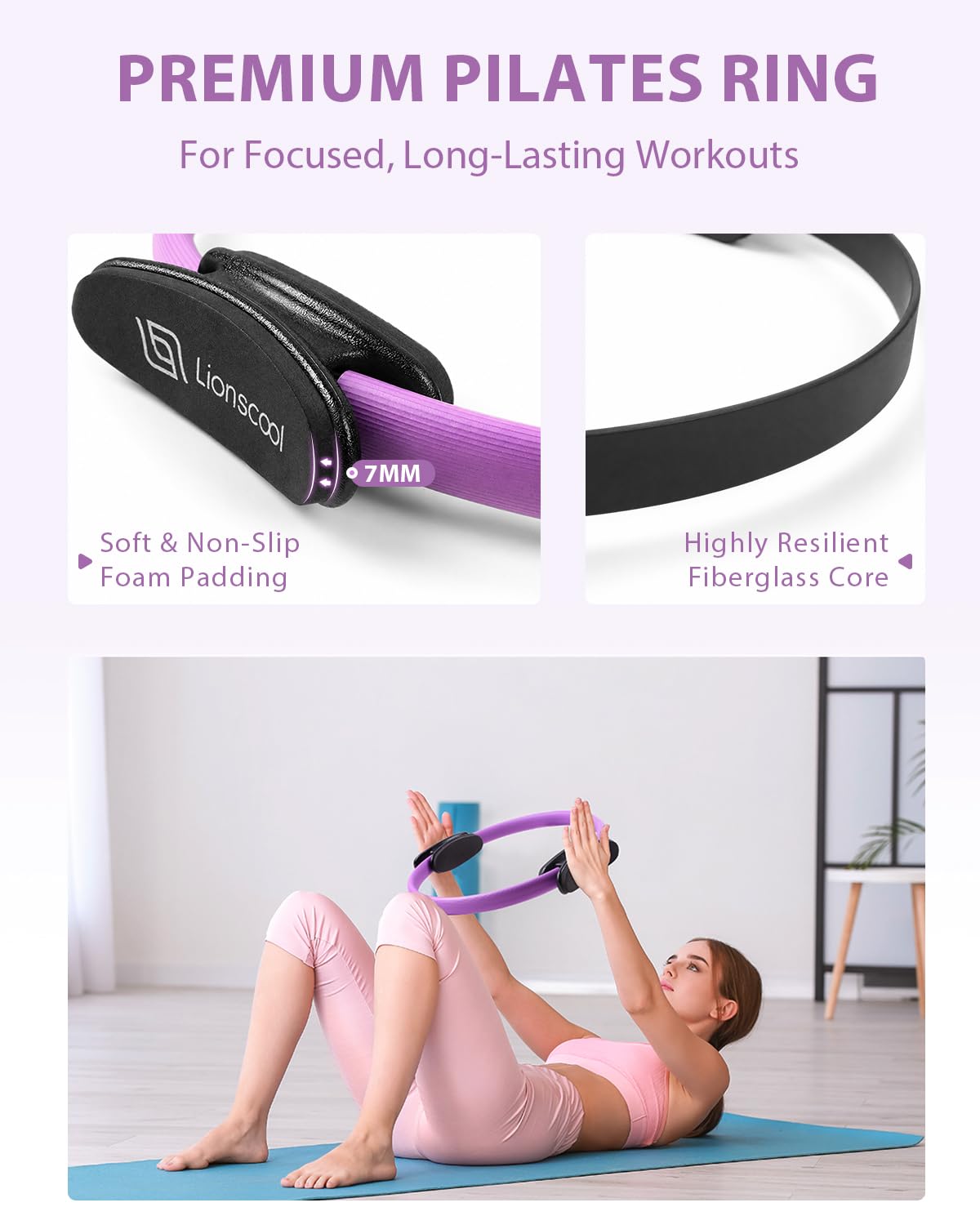 LIONSCOOL Pilates Ring Set (Purple) - 14" Anti-Deformation Magic Circle with Padded Handles, 9" Mini Ball, Non-Slip Fabric Resistance Bands, Guide & Bag