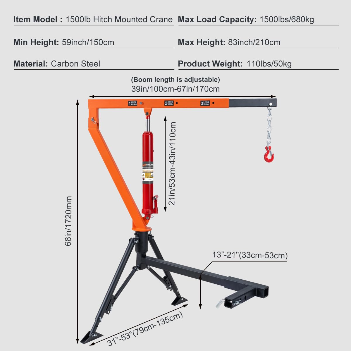 Rugcel 1500 lb Stretchable Receiver Hitch Mounted Hydraulic Swivel Pickup Truck Crane, with Three Boom Capacities of 750 lb, 1000 lb and 1500 lb (Hitch Crane 1500LB)
