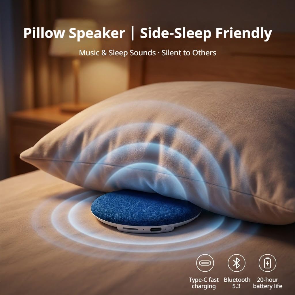 Under Pillow Speaker - Mini Portable Bluetooth Pillow Speaker for Sleeping with White Noise, Timer Ultra-Thin Wireless