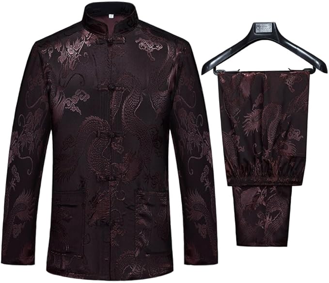 wecotton Tang Suit Men Hanfu Chinese Traditional Clothes Kung Fu Shirt Uniform Long Sleeved Coat Tops and Pants