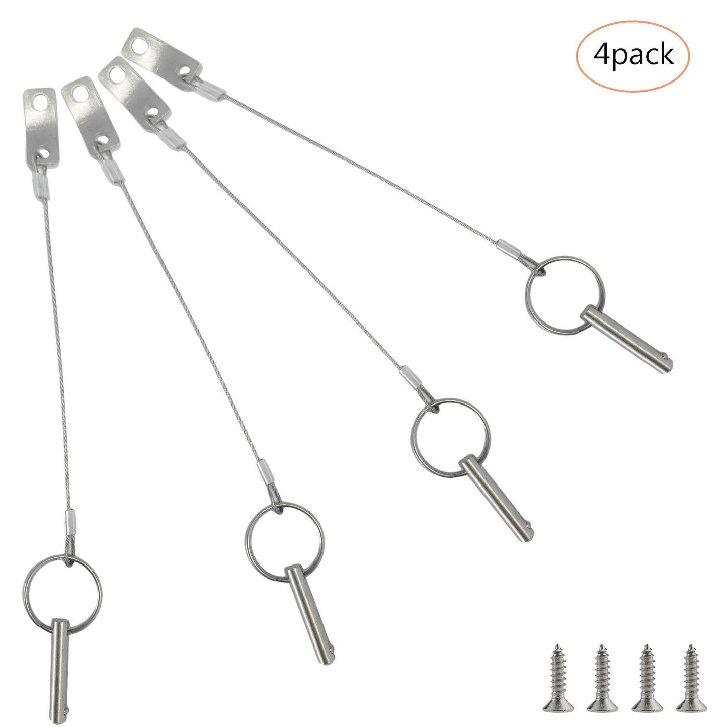 4PIECES of Marine Grade Hardware, Bimini Top Pin, Quick Release Pin 1/4" Diameter w/Lanyard Prevents Loss, All 316 Stainless Steel with Free Screws