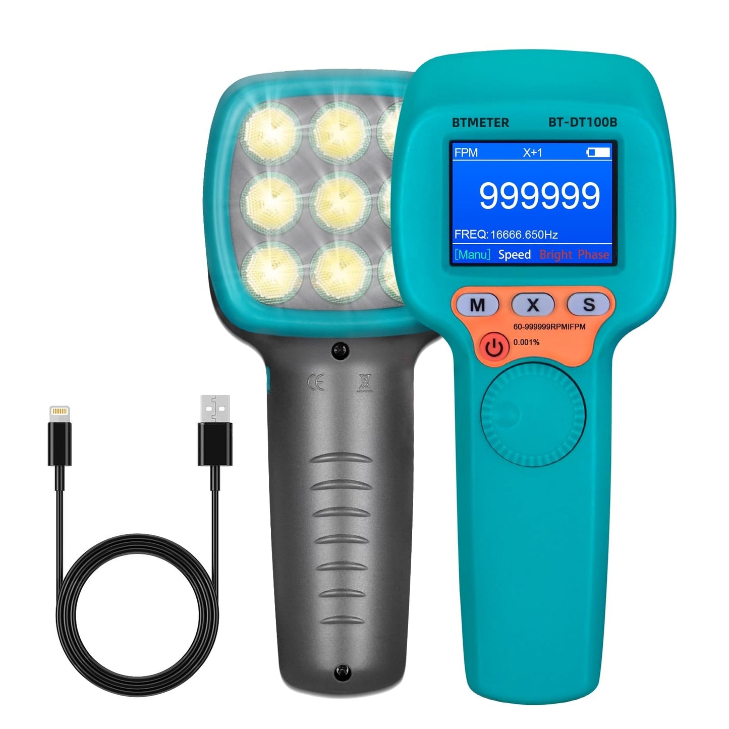 BTMETER Stroboscope Strobe Light Tachometer Non Contact Measure 60-999999 RPM/FPM Velocity Hz with 0.001% Accuracy, Handheld Speedometer Gun DT100B for Car Engine Gear Motor Troubleshoot