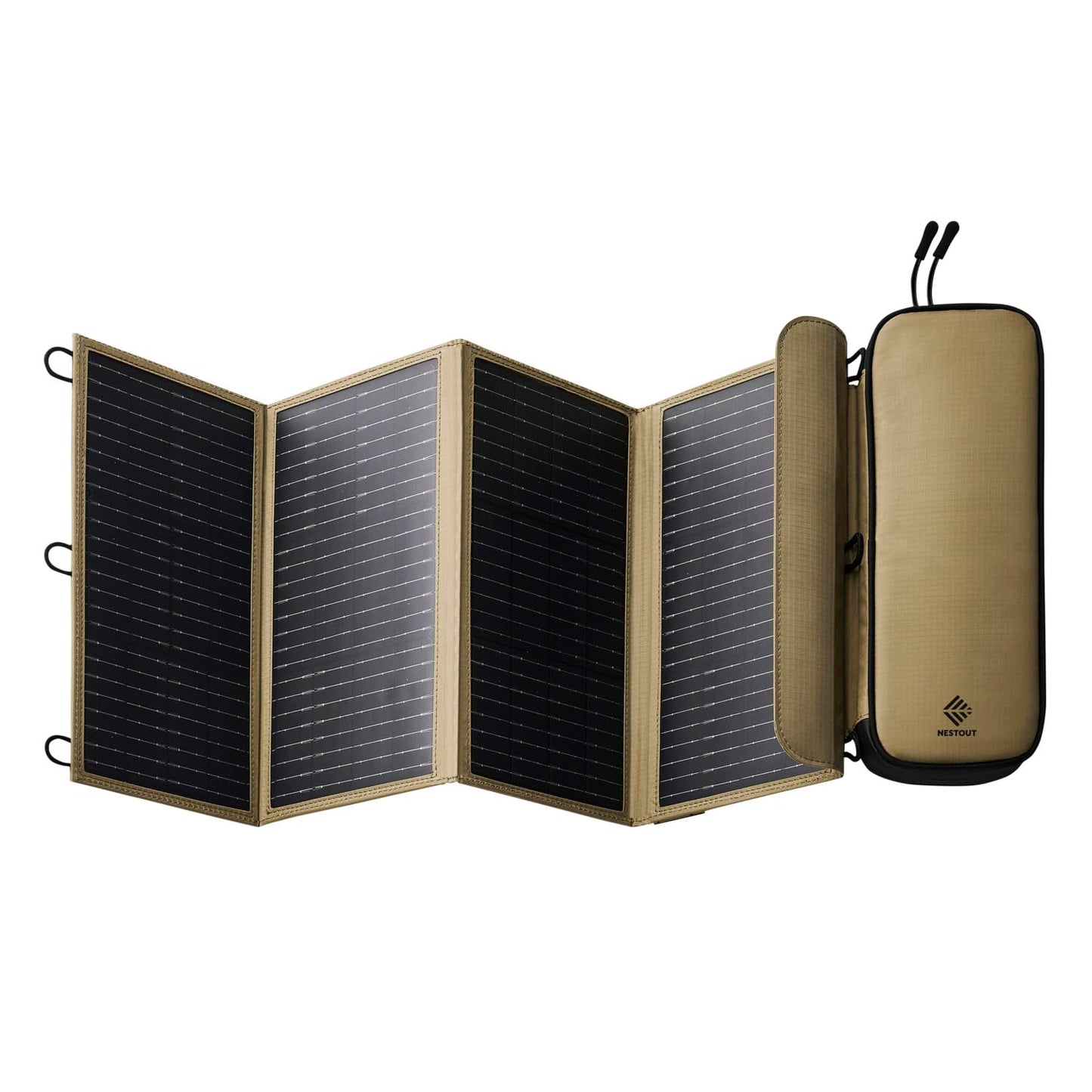 NESTOUT Portable Solar Panel, USB-C and USB-A Ports, 28W Solar Charger for Camping, Water Repellent Ripstop Nylon, Foldable Compact Design, Digital Ammeter, Adjustable Stand, Beige (4 Panel)