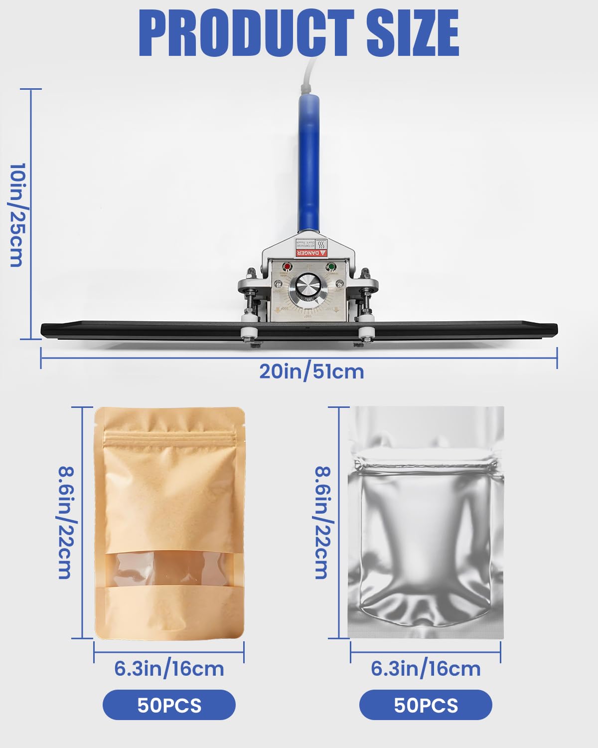 Frstem Portable Hand Held Bag Sealer,Crimp Heat Sealer,Bag Heat Sealer Machine for Kraft Bag,Foil Bag,Plastic Bag Snack Bag and Food Storage (20 inches)