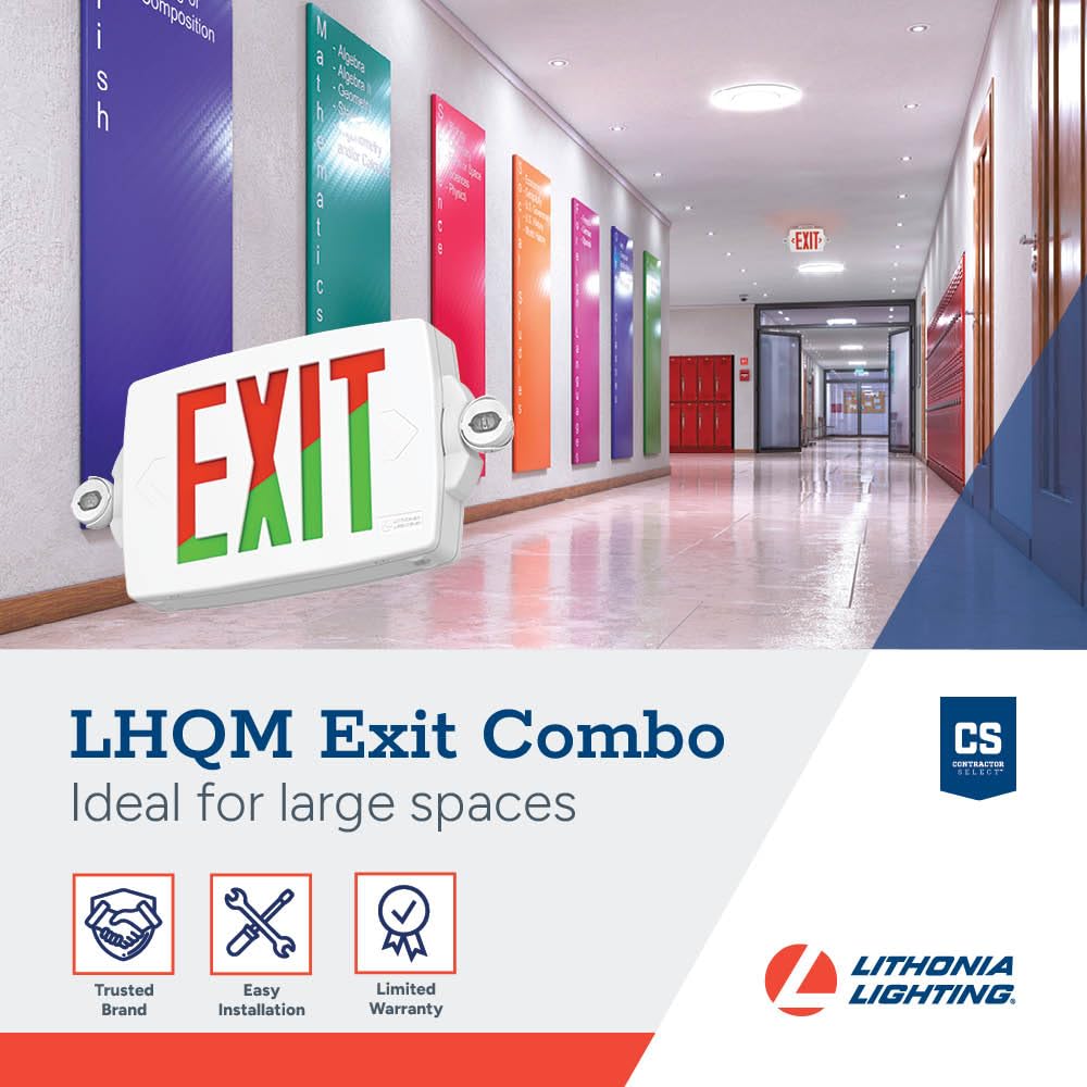 Lithonia Lighting Quantum LED Exit Sign Emergency Light Combo, Exit Sign and Emergency Lights, 2-Head Fixture, Red/Green Selectable Letters, High Output Battery, White (LHQM S W RG MVOLT HO M6)