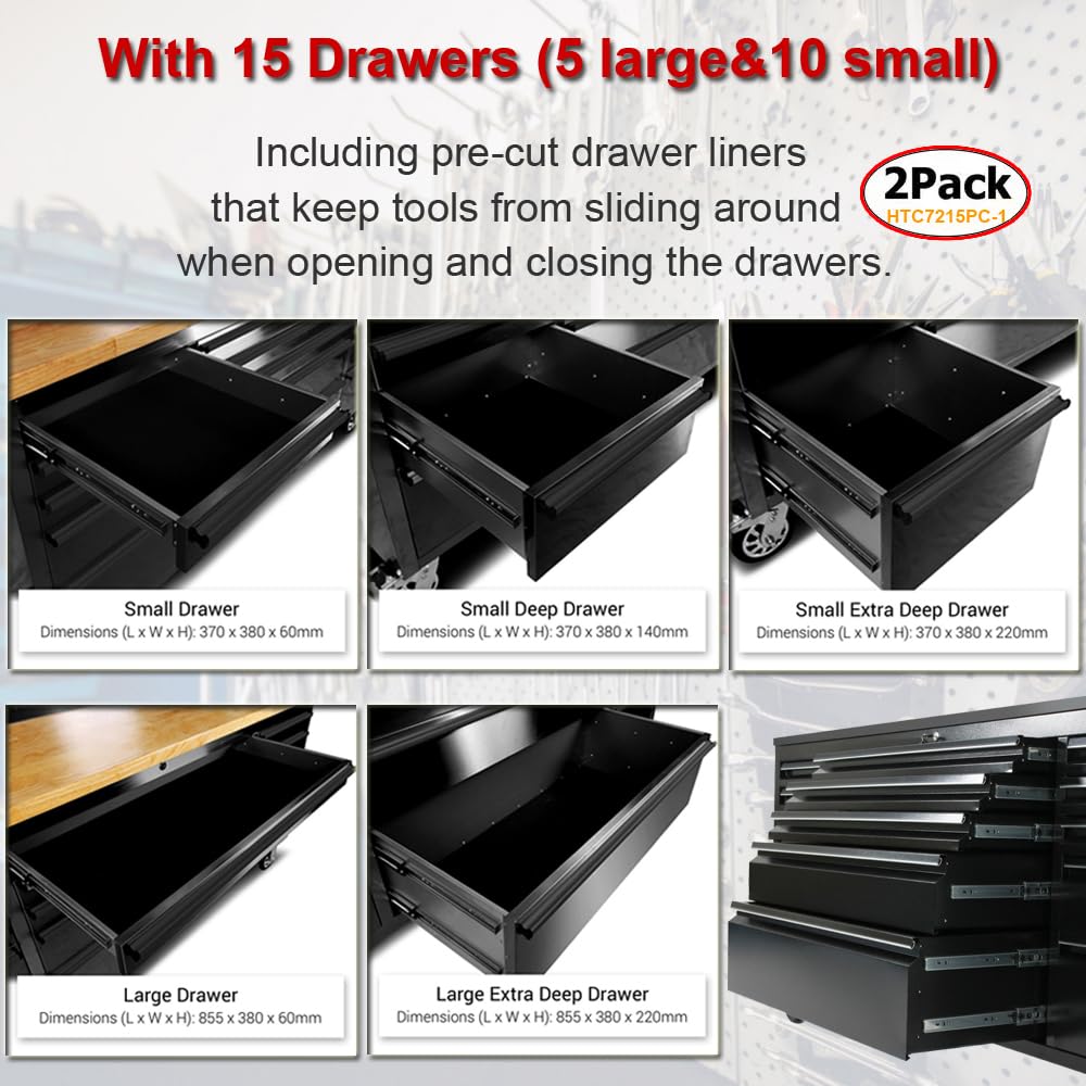 2 Pack - 72" Stainless Steel Rolling Tool Chest with 15 Drawers, Lockable Storage Cabinet, Black Mobile Workbench, Assembled Black Large Tool Box with Wheels for Garage Workshop (2 × HTC7215PC-1)