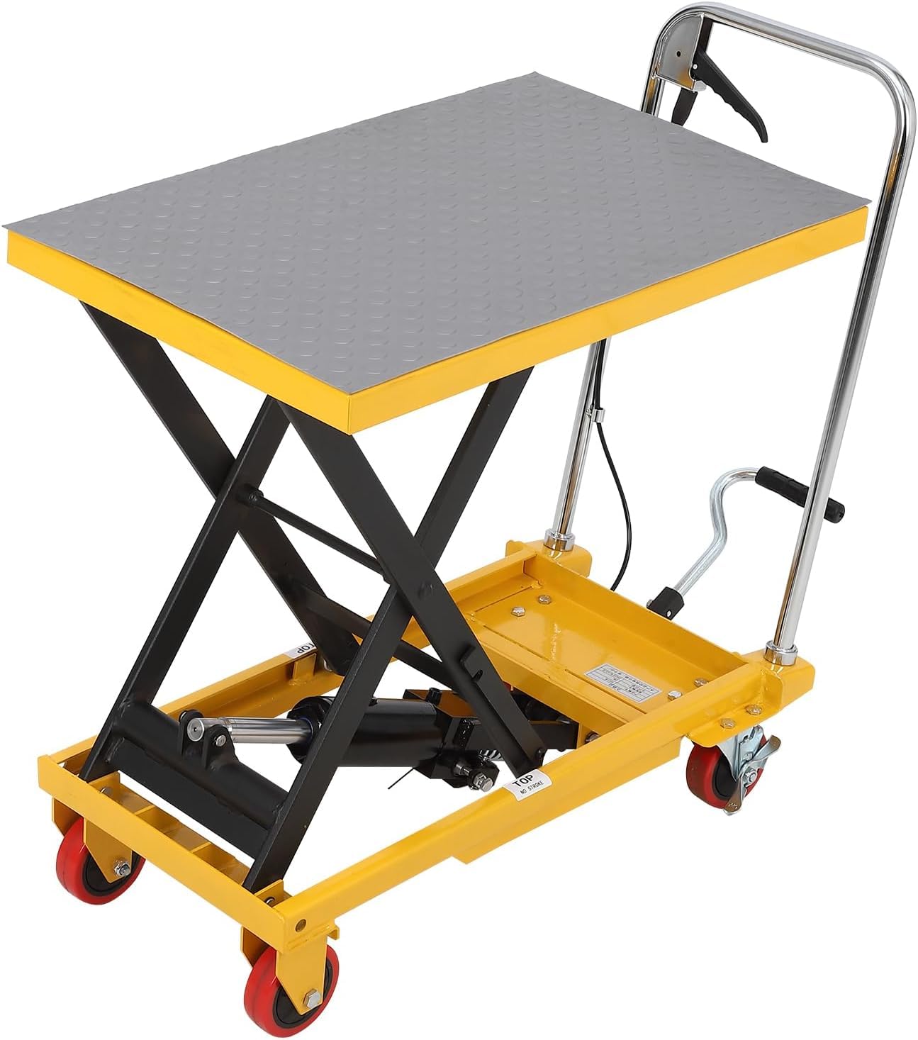 GarveeTech 330 LBS Hydraulic Lift Table Cart,Manual Single Scissor Lift Table Capacity 28.4 in with 4 Wheels and Non-Slip Pad for Material Handling and Transportation,Yellow