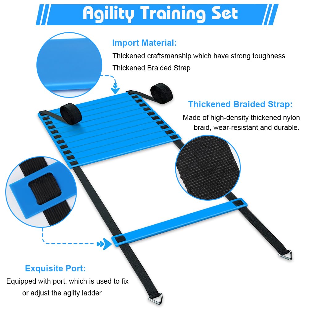 YGORTECH Soccer Training Equipment Set - 20FT Agility Ladder, 16 Soccer Cones, Speed and Agility Training Equipment for Indoor/Outdoor Practice Blue Ladder