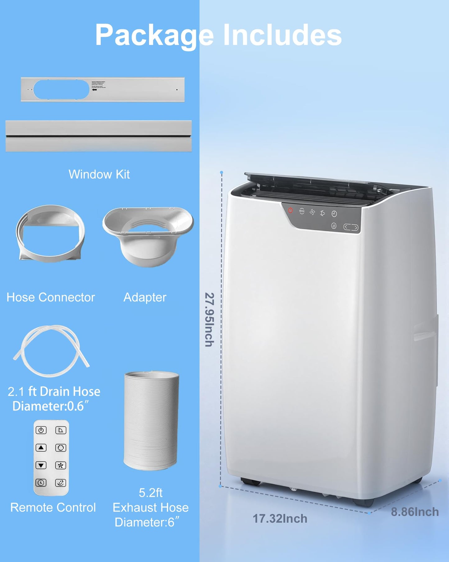 Portable Air Conditioners 16,000 BTU for Rooms Up To 800 Sq.Ft. Portable AC, Dehumidifier, 24H Timer, Sleep Mode & Water level indication, Remote Control & Window Kit, White & Black