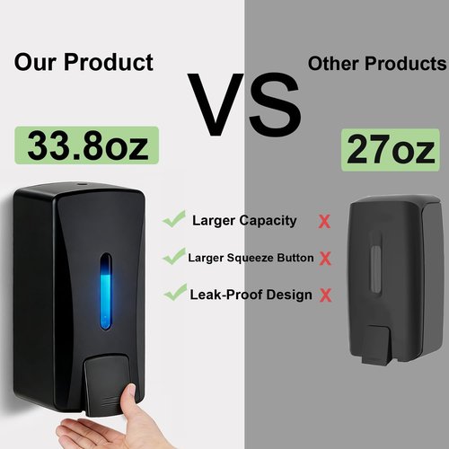 33.8oz Wall Mount Hand Soap Dispenser, Commercial Grade No-Drip Soap Dispenser for Kitchen, Bathroom,Liquid Soap,Hand Sanitizer, Drill or Adhesive Mount, with Visible Window & Funnel, for Hotel