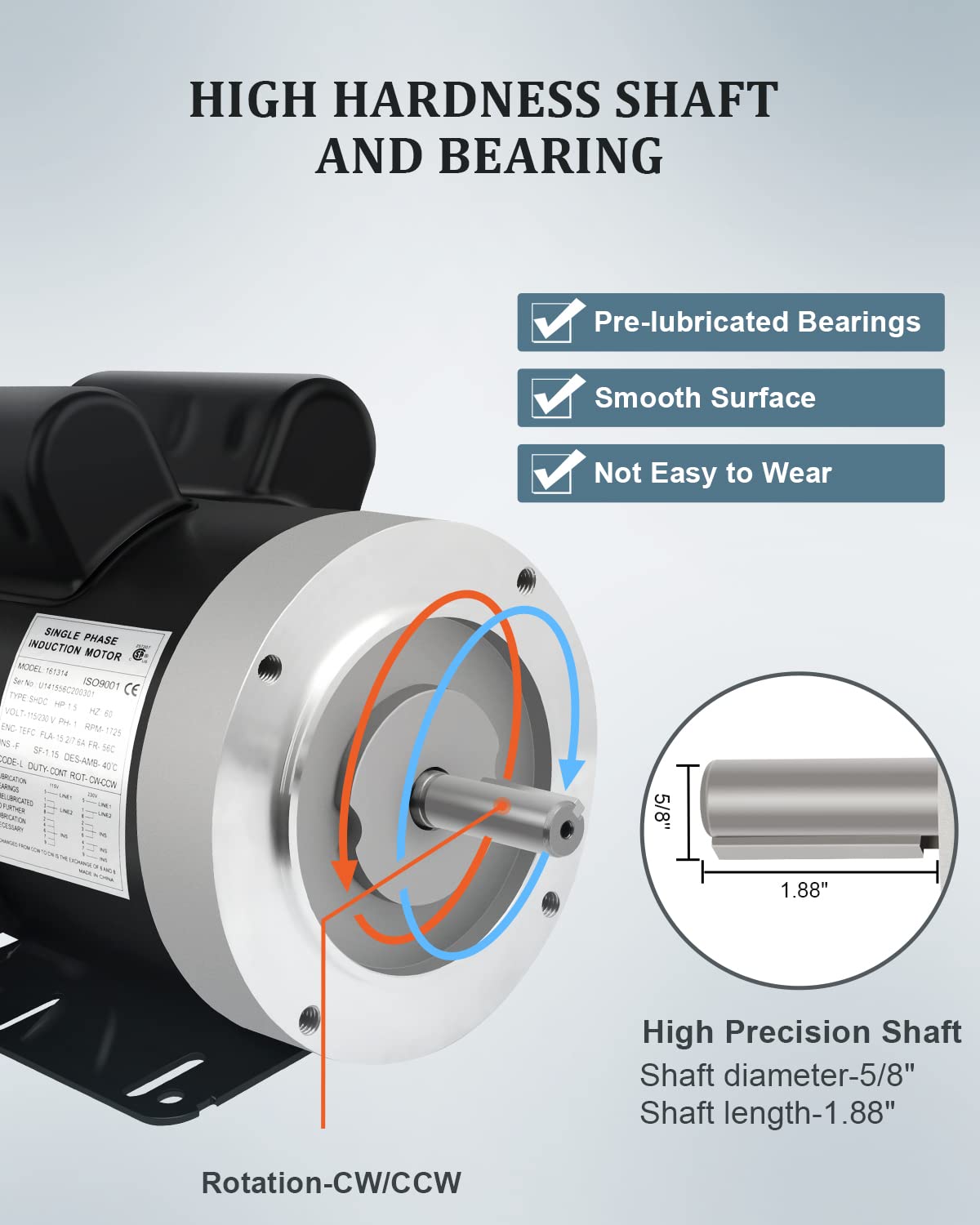 Electric Motor, 1.5HP Air Compressor Motor, Single Phase Motor 1750RPM 56C 115/230V 5/8" Shaft Diameter CW/CCW TEFC IP55 60HZ