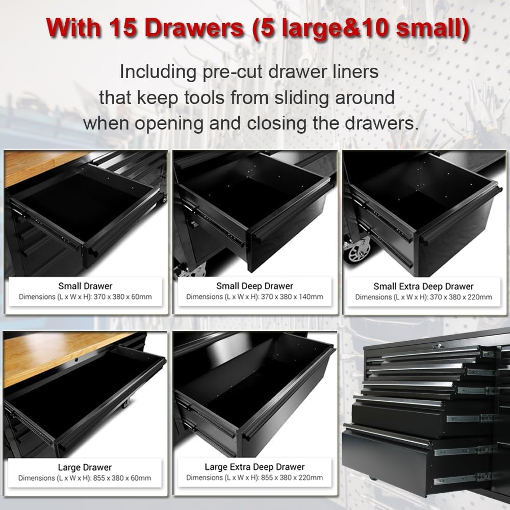 UYRIE 72'' Rolling Tool Chest with 15 Drawers + 3 Upper Cabinets, Large Tool Box, Matte Black Mobile Workbench, Lockable Storage Cabinet with Wheels for Garage Workshop (1 × HTC7218PC)