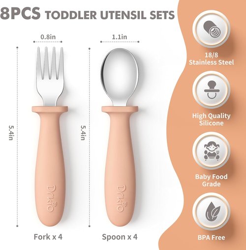 DRKIO Toddler Utensils Set - 8-Piece Kids Silverware with Silicone Handles | Safe 18/8 Stainless Steel