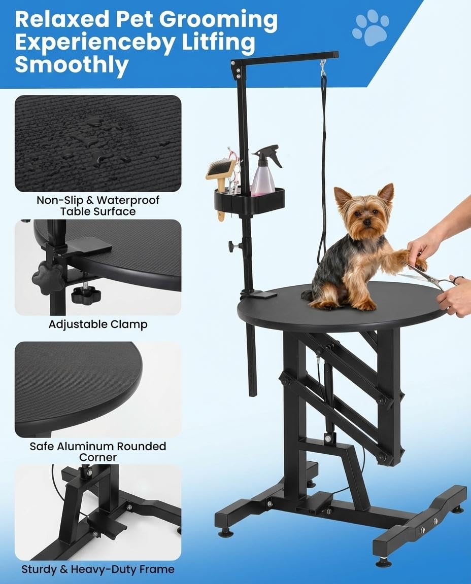 24" Hydraulic Lift Dog Grooming Table – Adjustable Height, 250LB Capacity, Non-Slip Silicone Top, Foldable for Home & Salon Use