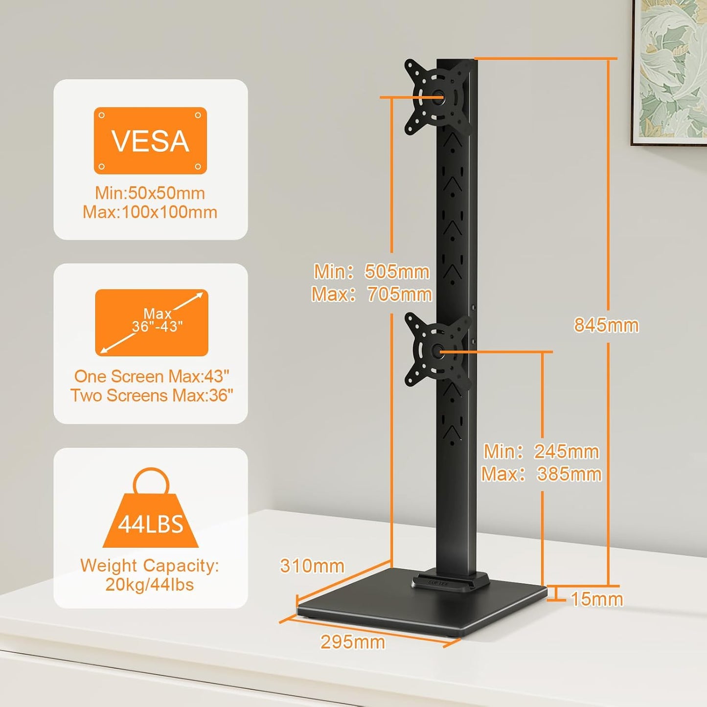 suptek 13 36Inch Adjustable,50,75 100mm Dual Monitor Stand with Base- Vertical Stack Screen Free-Standing Monitor Riser