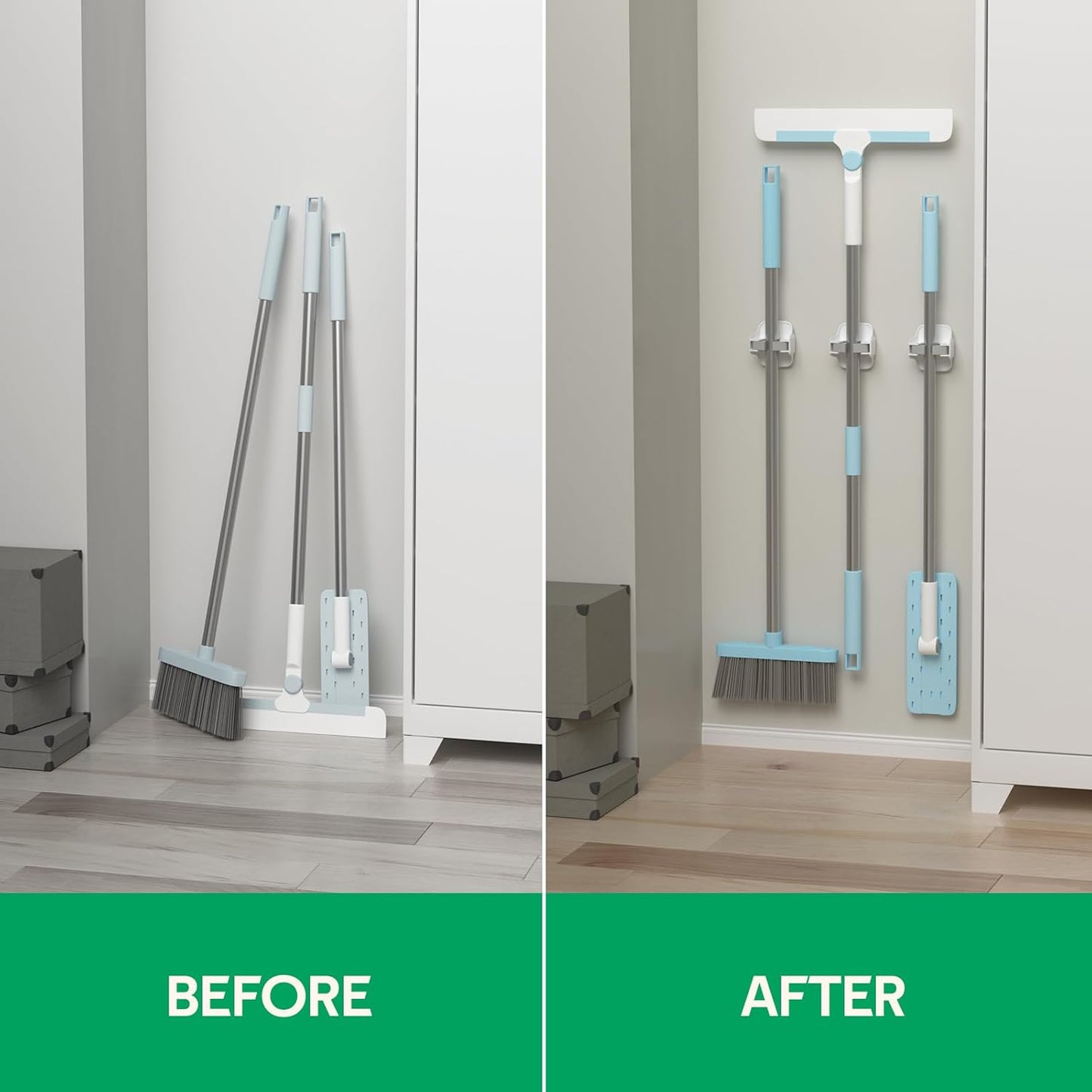 Reliahom Broom Holder Wall Mount - No Drilling, Self-Adhesive Mop Grippers | 3 Pack, White Garage Organizer