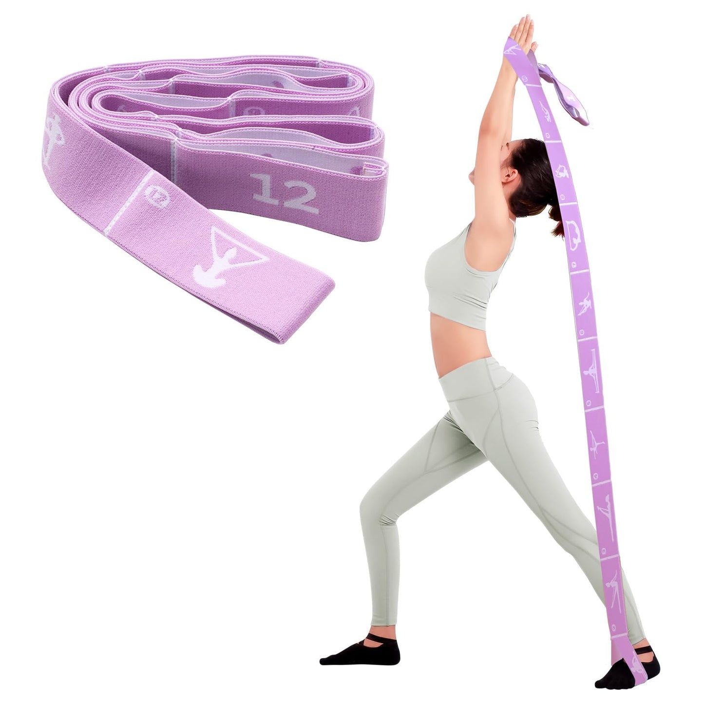 12 Loops Extra Long Yoga Stretching Band for Adults and Tall People, Adjustable Elastic Strap for Full Body Deep Stretch, Home Pilates, Ballet, Dance, Physical Therapy, Flexibility Training (Purple)