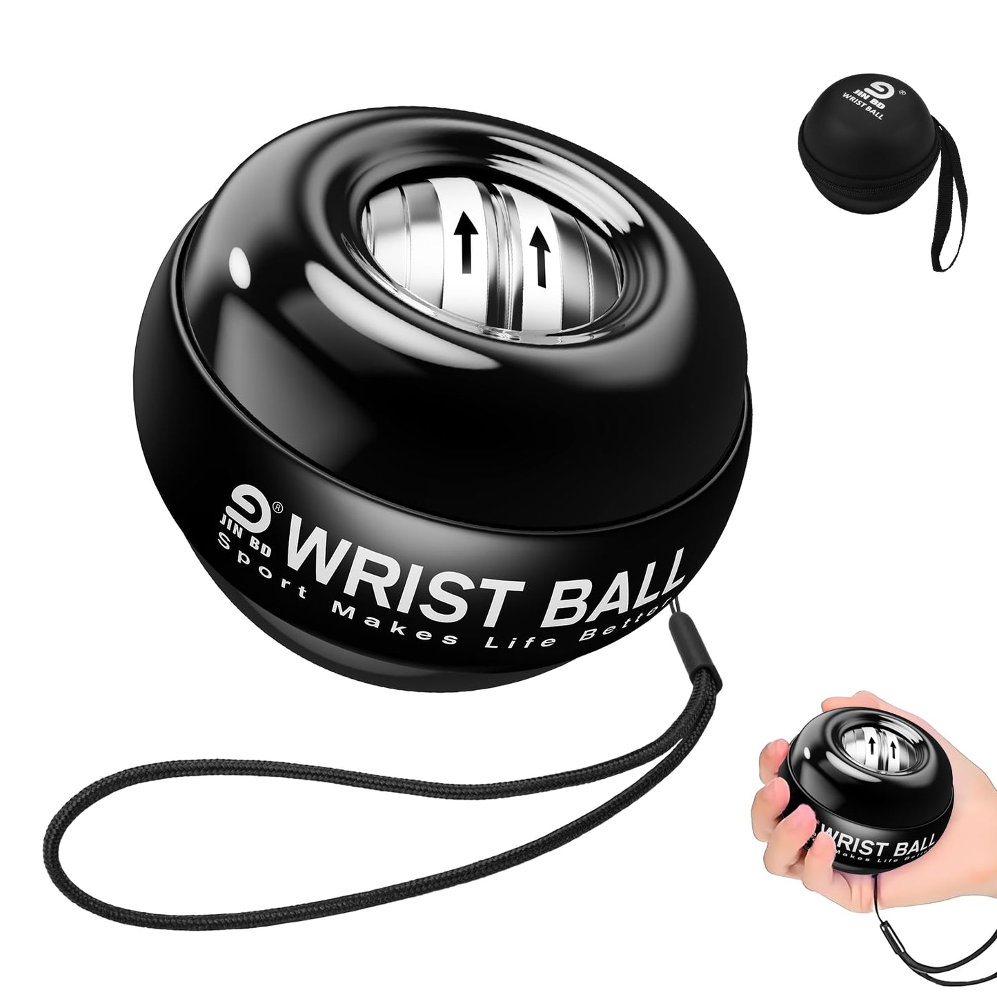 JIN BD Auto-Start Gyro Ball Wrist Trainer, Gyroscopic Forearm Exerciser for Strengthening Arms, Fingers, and Muscles (Pure Black No Light)