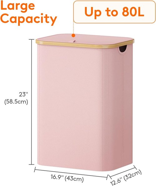 Lifewit 80L Laundry Basket - Foldable Clothes Hamper with Lid & Bamboo Handles | Pink
