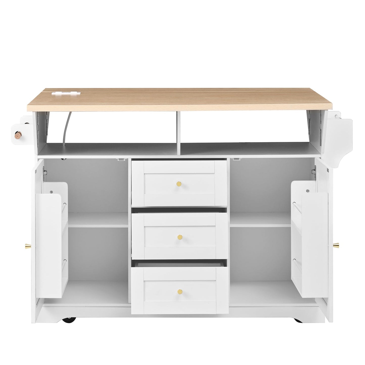 PVWIIK Large Kitchen Island,48 * 18 * 37 Rolling Kitchen Cart on 5 Wheels,Folding Storage Dining Table with 2 Drop Leaf,Spice & Towel Rack & 3 Drawers,Power Outletfor Kitchen, Dining Room,White