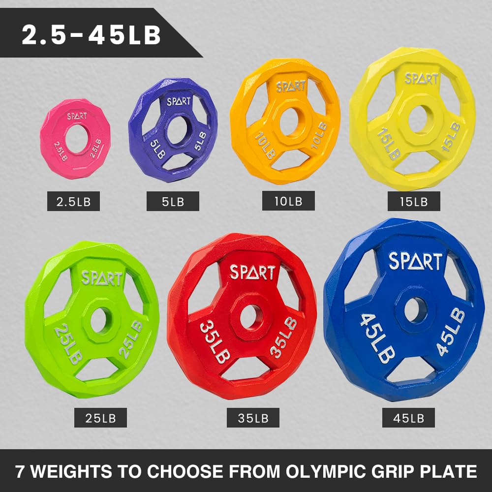 SPART Color Coded Weight Plate 105LB Combo Set, 2-Inch Cast Iron Metal Weight Plates for Barbell,Solid Cast Iron Olympic Weight Plates for Strength Training, Weightlifting, Crossfit