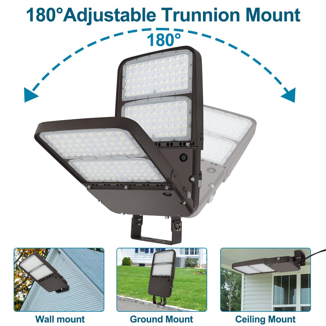 Xbuyee 300W LED Parking Lot Light with Dusk to Dawn Photocell, Outdoor Dimmable Area Lights with Trunnion Mount, 45000LM 5000K Daylight 100-277V IP65, Power Selectable (300W/240W/200W) ETL