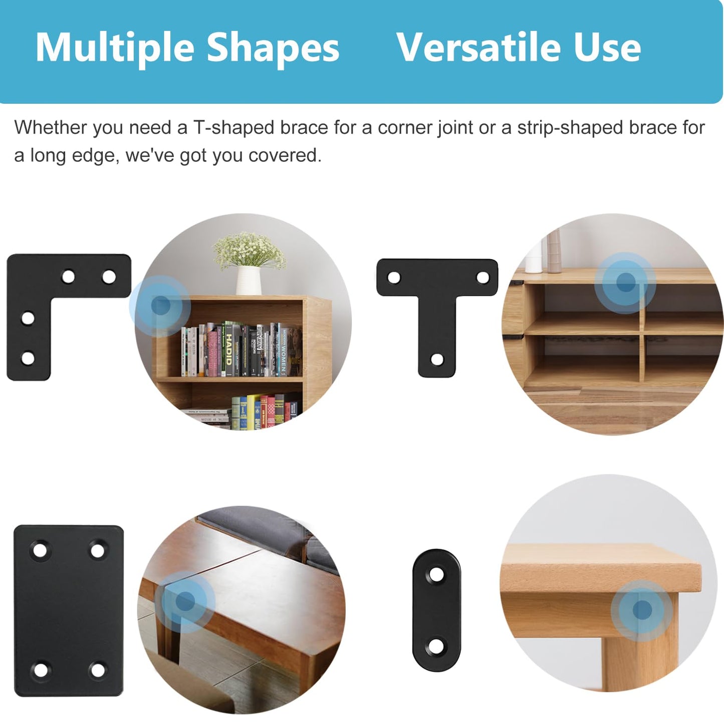 QSJ 22 Pack Straight Brace Stainless Steel Black Flat Brace Straight Corner Braces Straight Brackets Metal Flat Straight Mending Plates with Screws