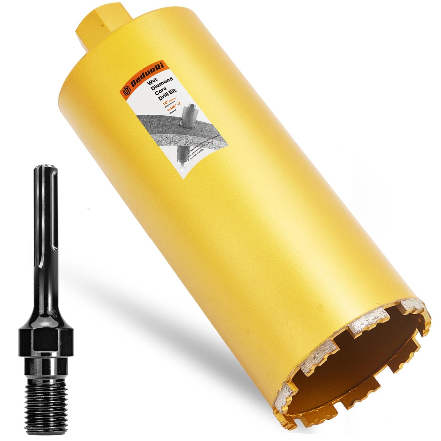 DaduoRi 7" Wet Core Drill Bit & SDS Max Shank Drill Adapter - 7" Diameter Core Bits for Concrete, 14" Drilling Depth, 1-1/4"-7 Thread Diamond Core Bit for Cured Concrete, Masonry, Brick
