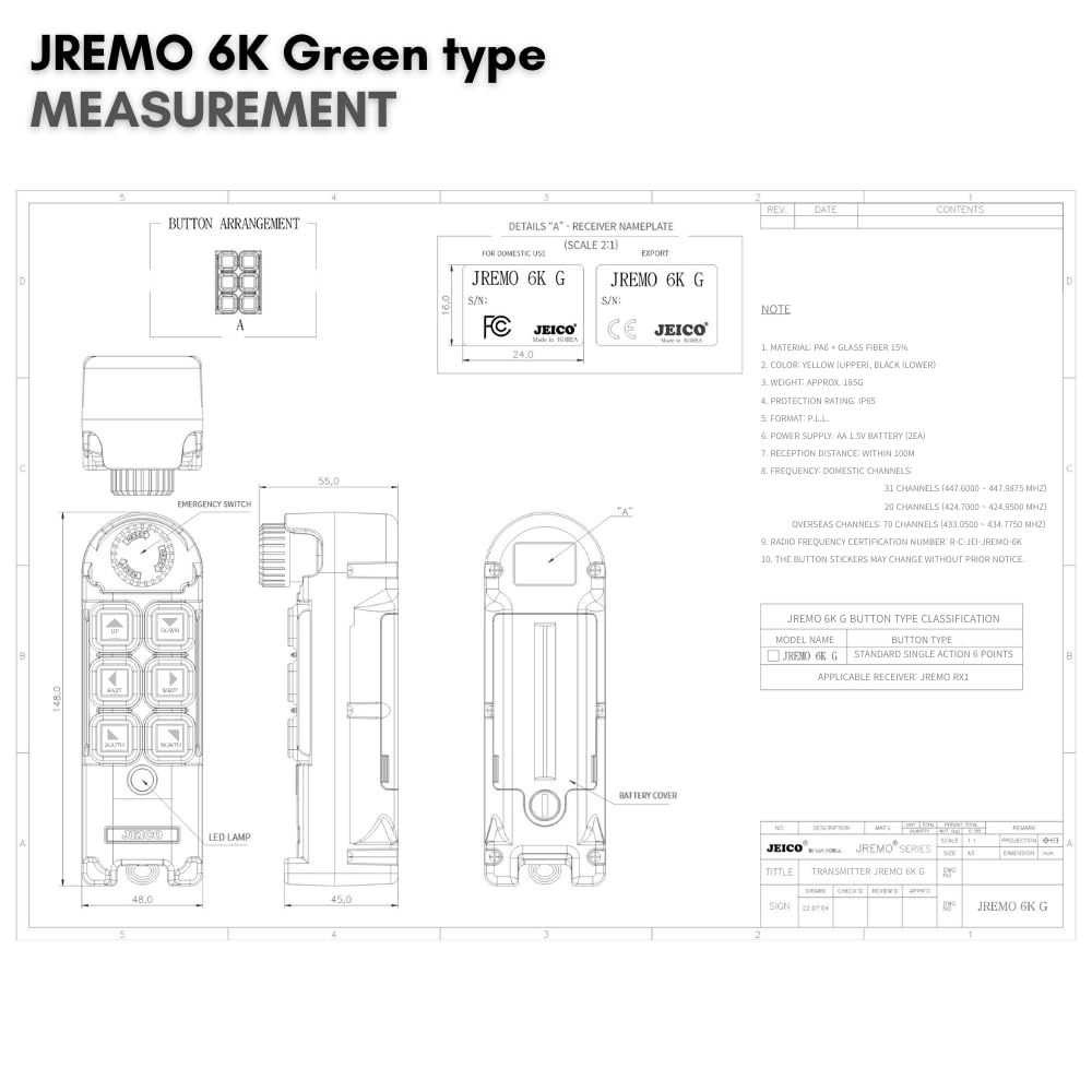 JEICO Crane Hoist Industrial Wireless Remote 6 Buttons Controller JREMO 6K Green Type (1 Transmitter + 1 Receiver) Green, Made in Korea