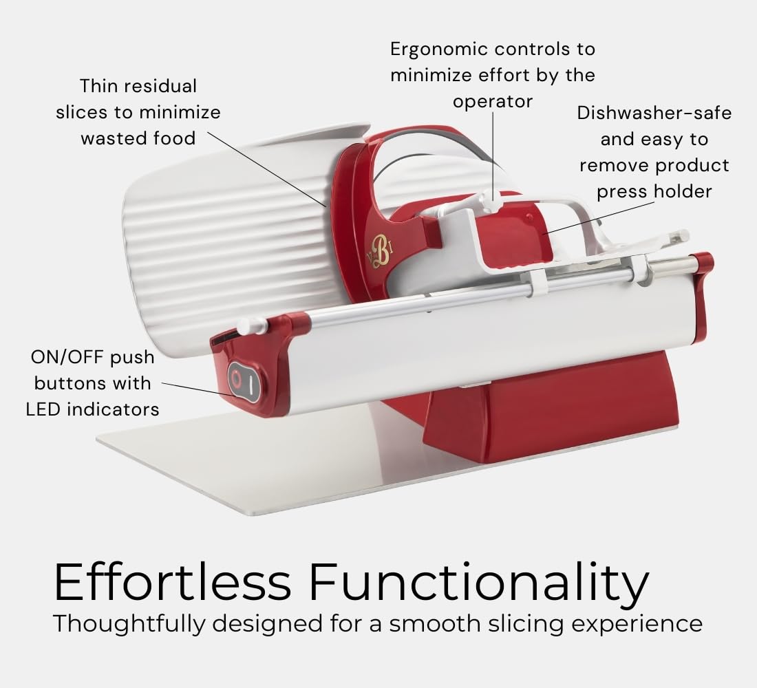 VBI Milano 1898 Home Line Plus 200 Food Slicer | 8-inch Chromed Steel Blade | Adjustable Thickness | Premium Electric Slicer for Prosciutto, Cold Cuts, Cheese, Bread, Veggies and more (Red)