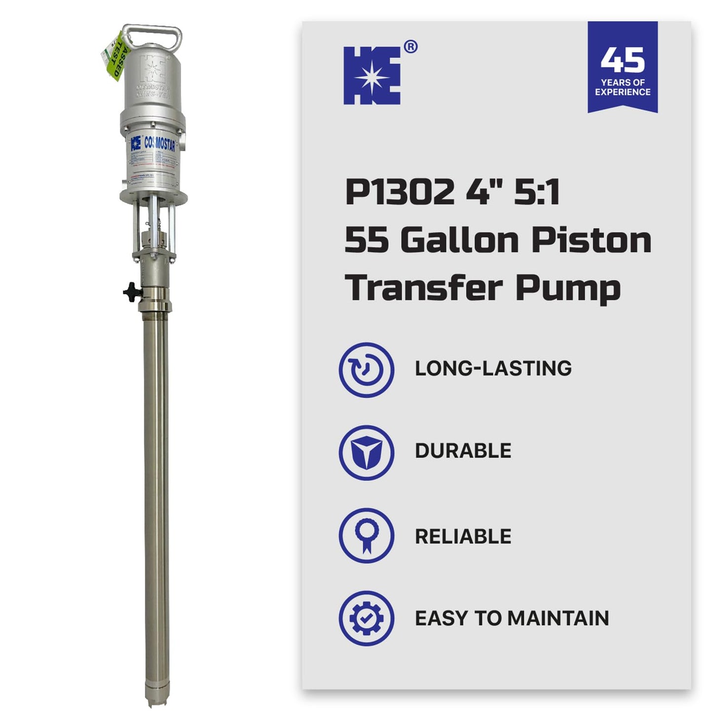 COSMOSTAR P1302 5:1 55 Gallon Air Operated Pneumatic Piston Pump, Stainless Steel Type, Drum Length, Teflon Packing, Oil Chemical Transfer Pumps, 2.2 GPM/ 8.55 LPM, Max. Fluid Pressure 580 PSI