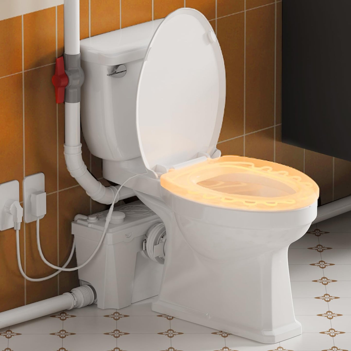 Macerating Toilet Kit/Combo for Upflush System, Toilet with Pump, Heated Toilet Seat, Quiet Copper Motor Sewage Macerator Pump with 4 Inlets for Basement/Sink/Shower, 23ft Lifting Up