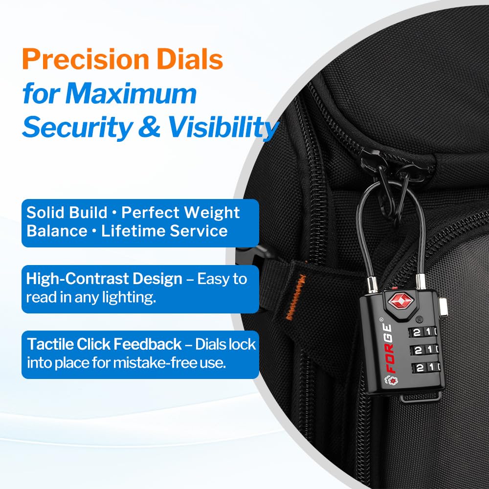 TSA Approved Cable Luggage Locks, Re-settable Combination with Alloy Body, Black 2 Locks.