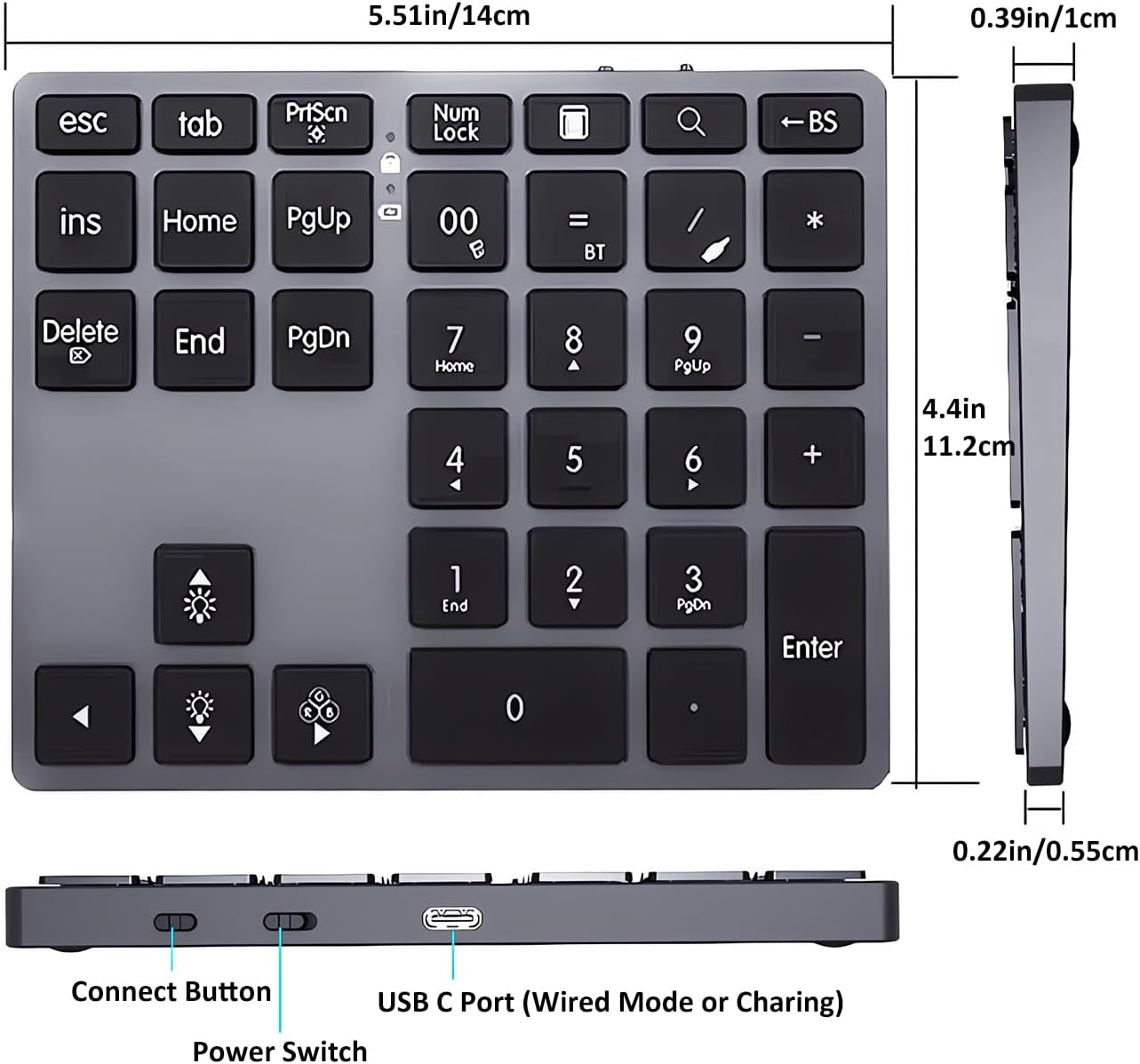 LINKEET 7-Color BT5.0/USB/2.4G 35-Key Tri-Mode Aluminum Numpad LED Backlit, Wireless Rechargeable Number Pad Scissor
