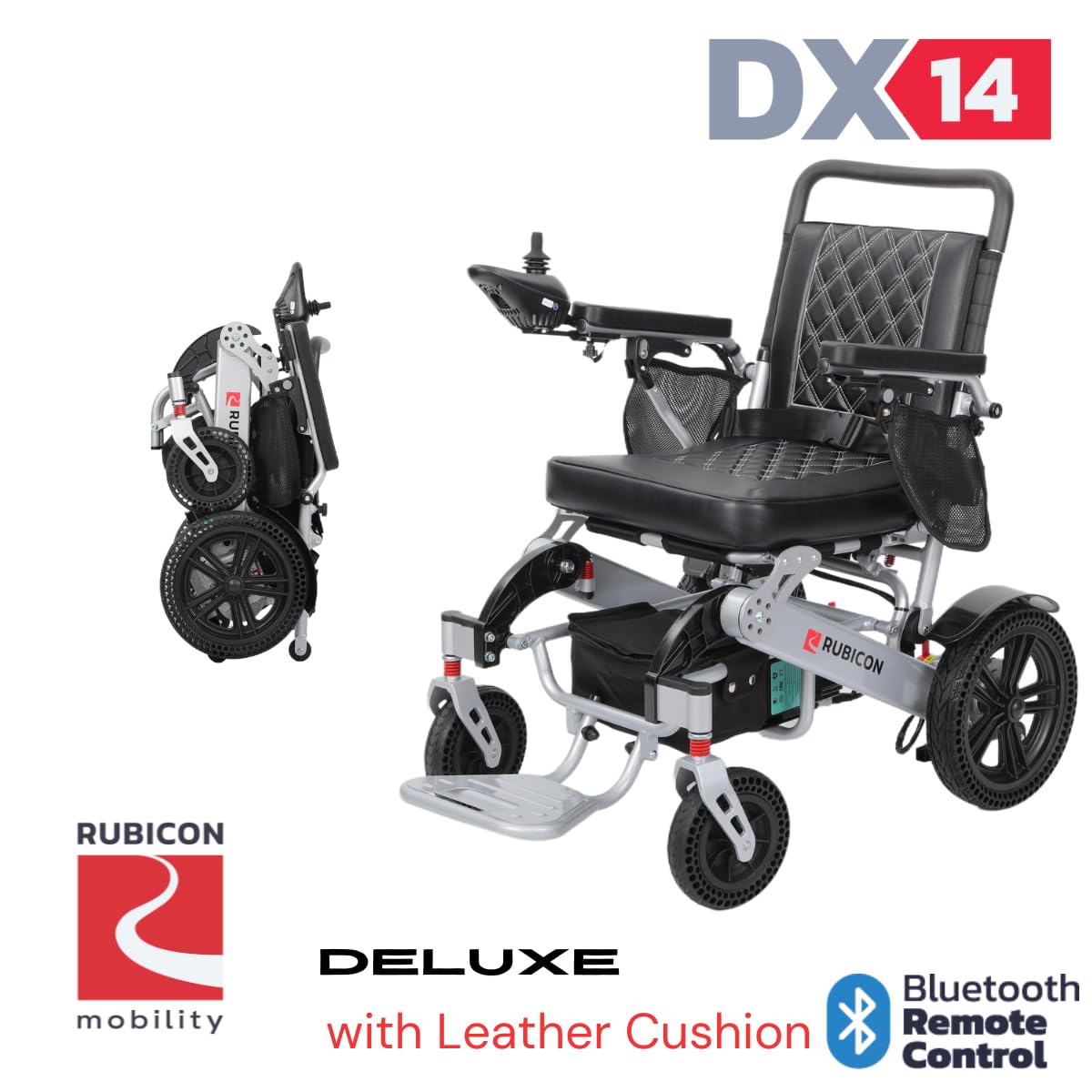Rubicon DX14 - Longest Range 30 Miles, Airline Approved Electric Wheelchair, Dual 12AH Lithium Batteries, 2x300W Motors, Leather Cushion, Foldable, Lightweight & Powerful (Model20)