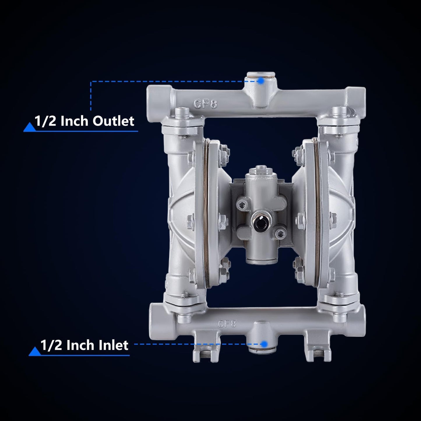 Double Diaphragm Pump Air Operated 1/2 inch Inlet/Outlet Pneumatic Waste Oil Transfer Pump for Chemical QBK-15P 9 GPM Dual Diaphram Polypropylene Nitrile Rubber by Stainless Steel Iron 120 PSI
