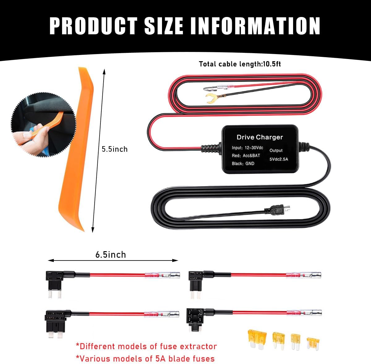 Sylvil 12V-24V 5V 10.5ft Dash Cam Hardwire Kit, Mini USB Hard Wire Kit for Dashcam, to Car Dash Camera Charger Power