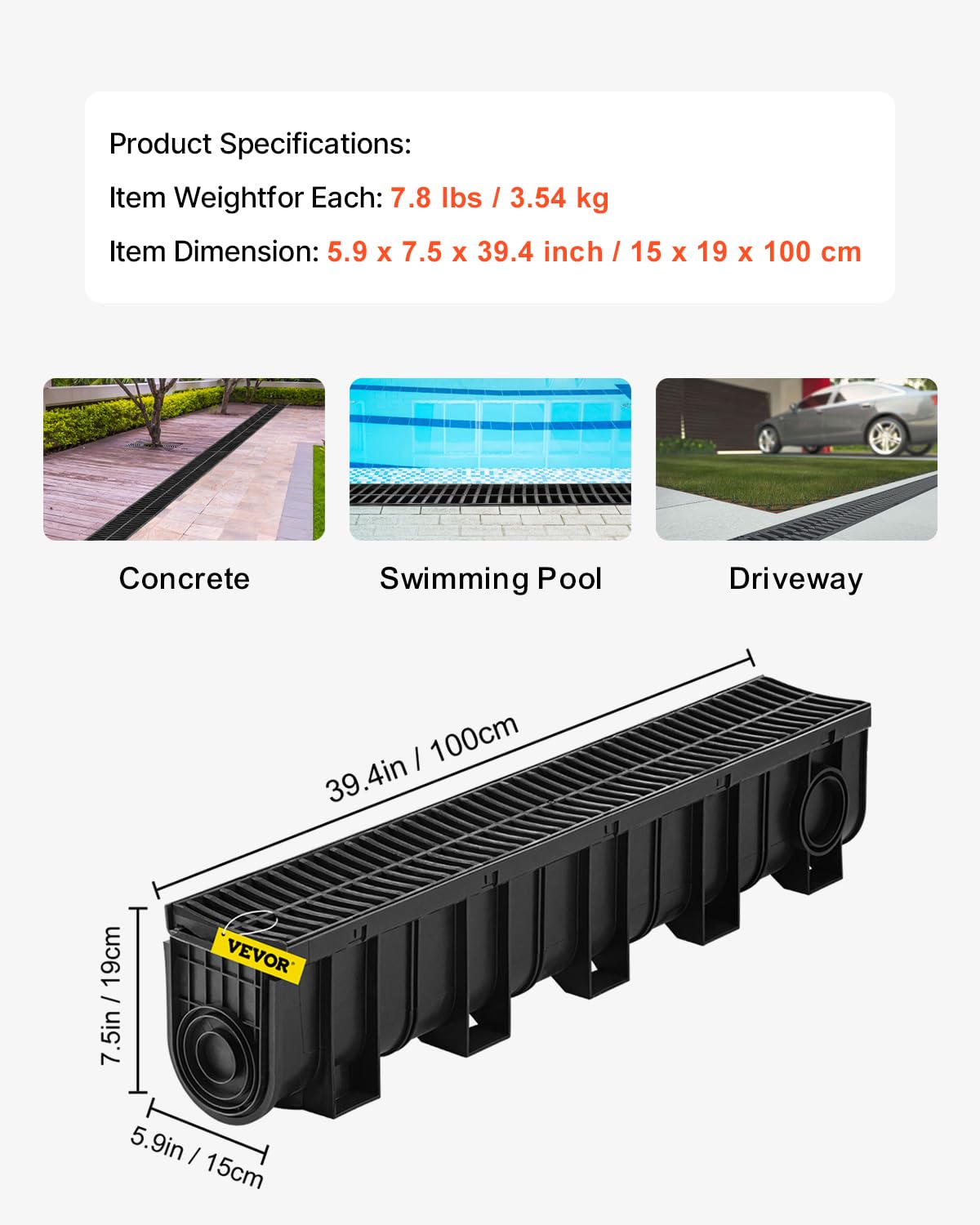 VEVOR Trench Drain System 4 Pack, Channel Drain with Plastic Grate 5.9 x 7.5 in HDPE Drainage Trench, Black Plastic Garage Floor Waterway 4 x 39 in with 4 End Caps for Garden Driveway