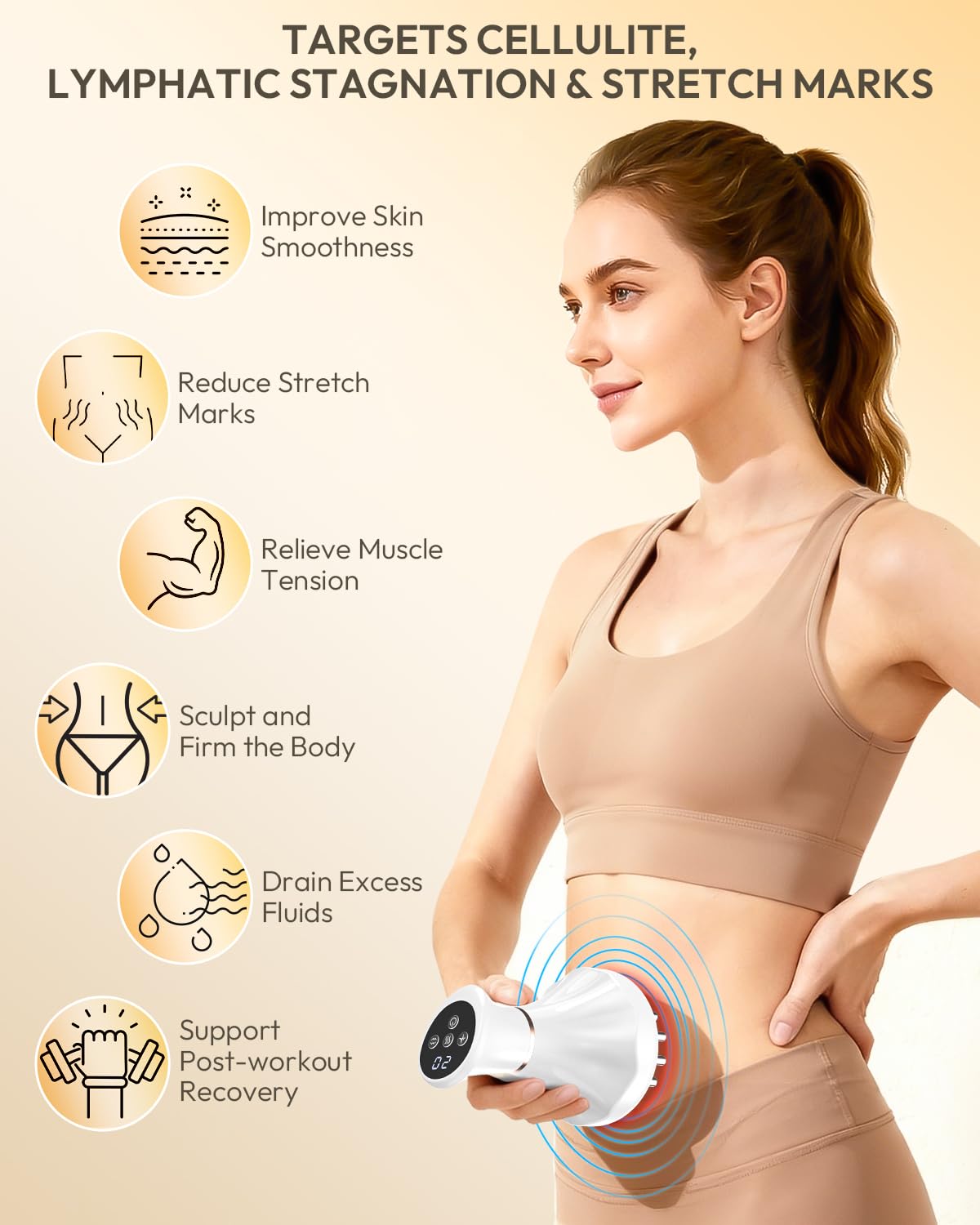 Glamesty Lymphatic Drainage Massager & Anti Cellulite Massage Tool, Body Sculpting Machine with Light, Soothing Pulse, Heat & Vibration, Heated Lymph Brush for Legs, Hip, Arms, Belly (White)