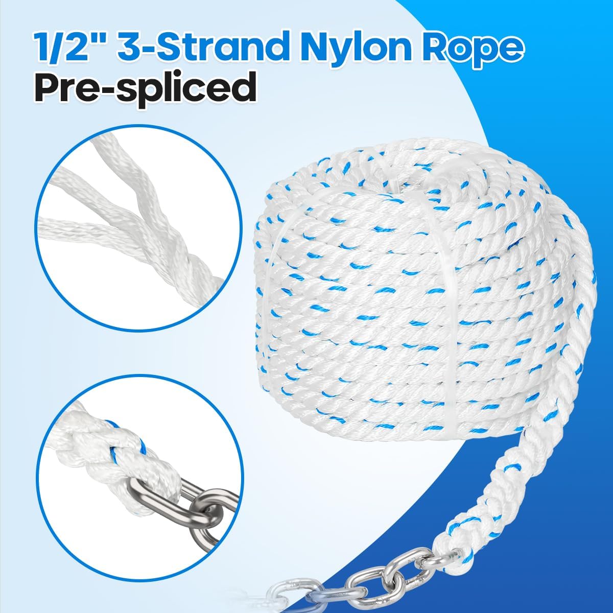FUCNEN 1/2" Anchor Rope 200ft with 1/4" Anchor Chain 15ft and Swivel Connector Windlass Anchor Rode 316 Stainless Steel Short-Link Marine Chain with 3-Strand Nylon Rope