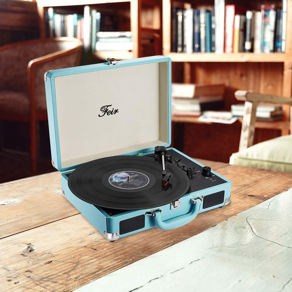 Feir 3 2 Vinyl Stereo Blue Record Player Speed Portable Turntable Suitcase Built in Speakers RCA Line Out AUX Headphone