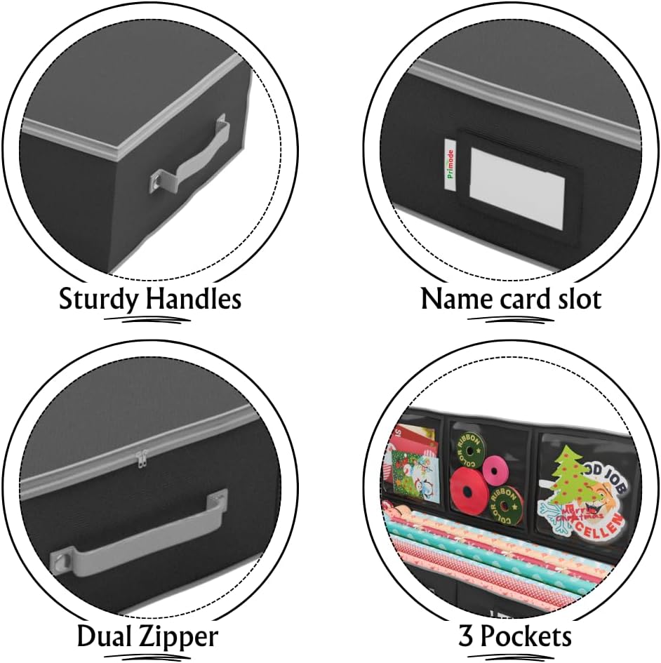Primode Wrapping Paper Storage Container - Under Bed Gift Wrap Organizer | 41”x14”x6” | Holds 18-24 Rolls Up to 40” | Durable 600D Oxford Material | Pockets for Ribbons and Bows (Black)