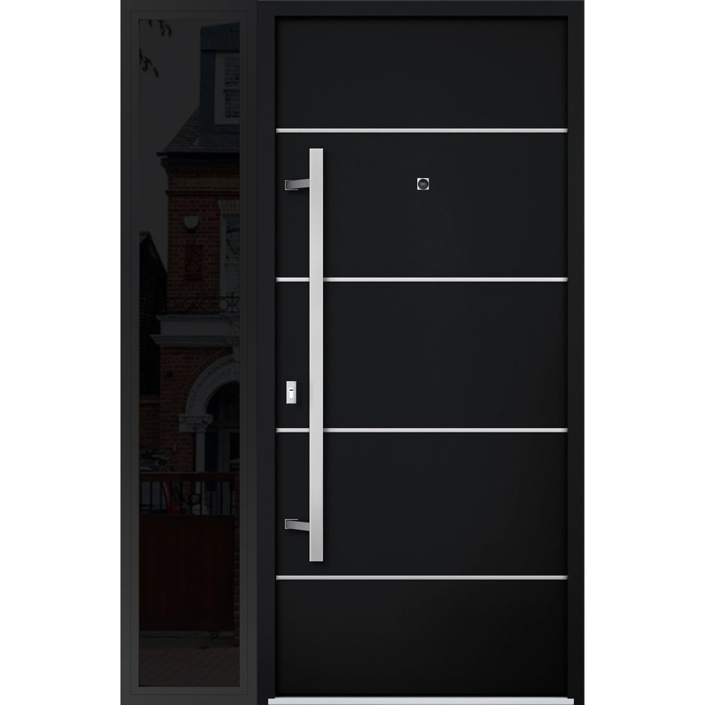 VDOMDOORS Front Exterior Prehung Steel Door/Deux 6083 Black Enamel/Side Exterior Window Sidelite/Stainless Inserts Entry Metal Modern Painted W36+16" x H80 Right Hand Inswing