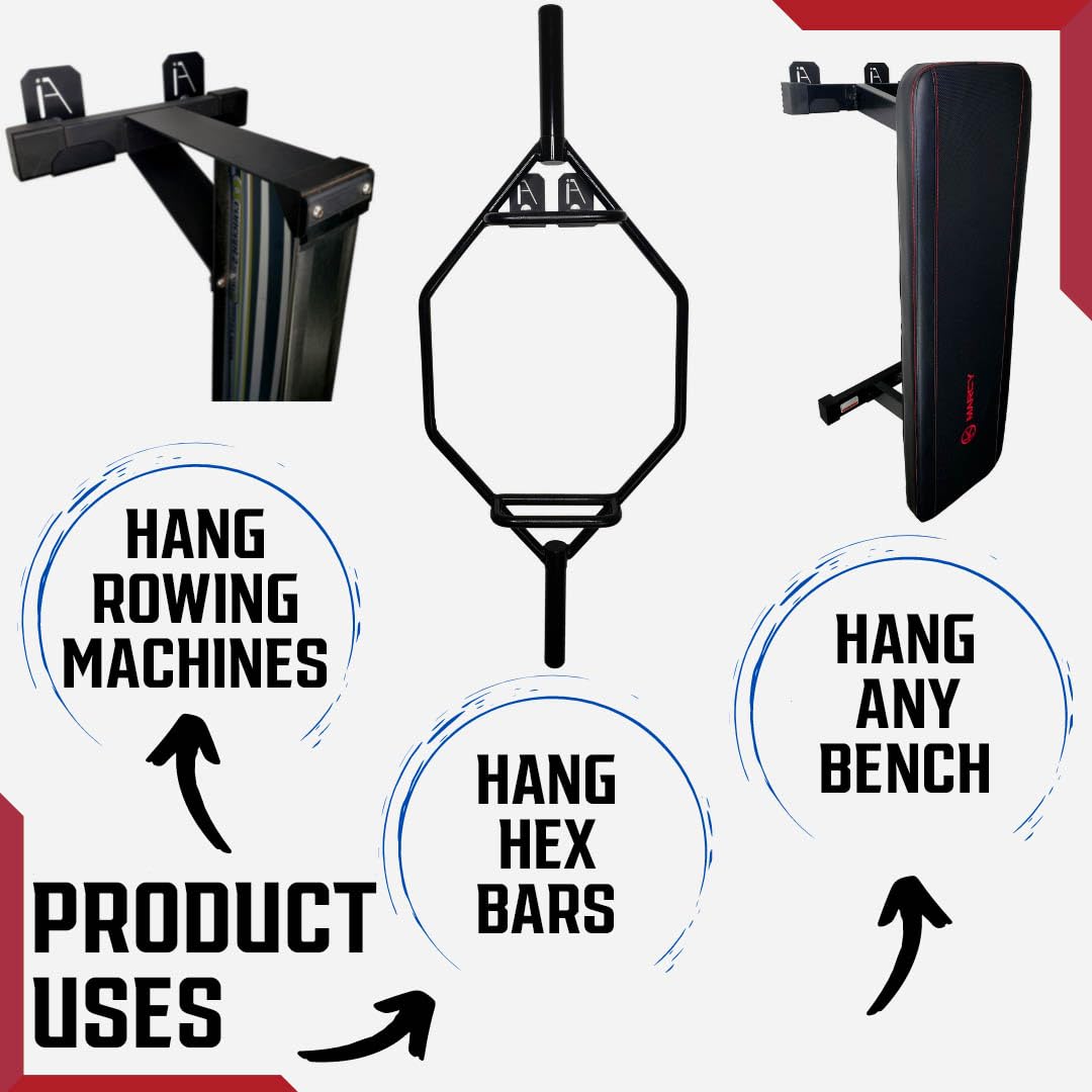 IRON AMERICAN Multi-Use Weight Bench Brackets - Heavy-Duty Gym Storage Wall Mounted Rack - Hang Benches, Rowing Machines, Hex Bars, Barbells 100lb Capacity - Hardware Included Made in USA