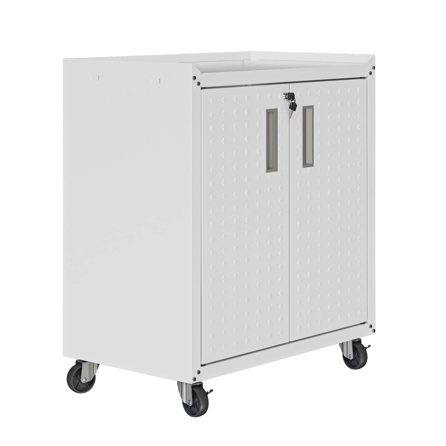 Manhattan Comfort Fortress Rolling Garage Storage Cabinet with 2 Adjustable Shelves, Lockable Metal Tool Compartment, Heavy-Duty Mobile Utility Organizer with Wheels, White